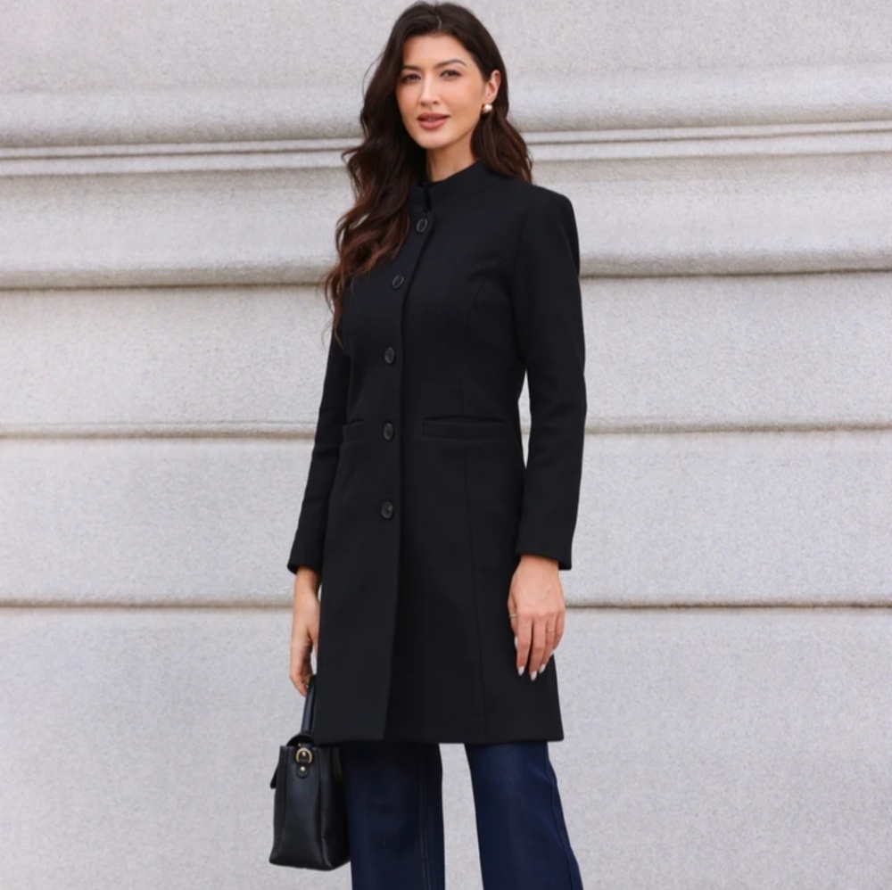 Wool Blend Mid Long Dress Coat Rounded Neckline Button Up Black Women's Size 8
